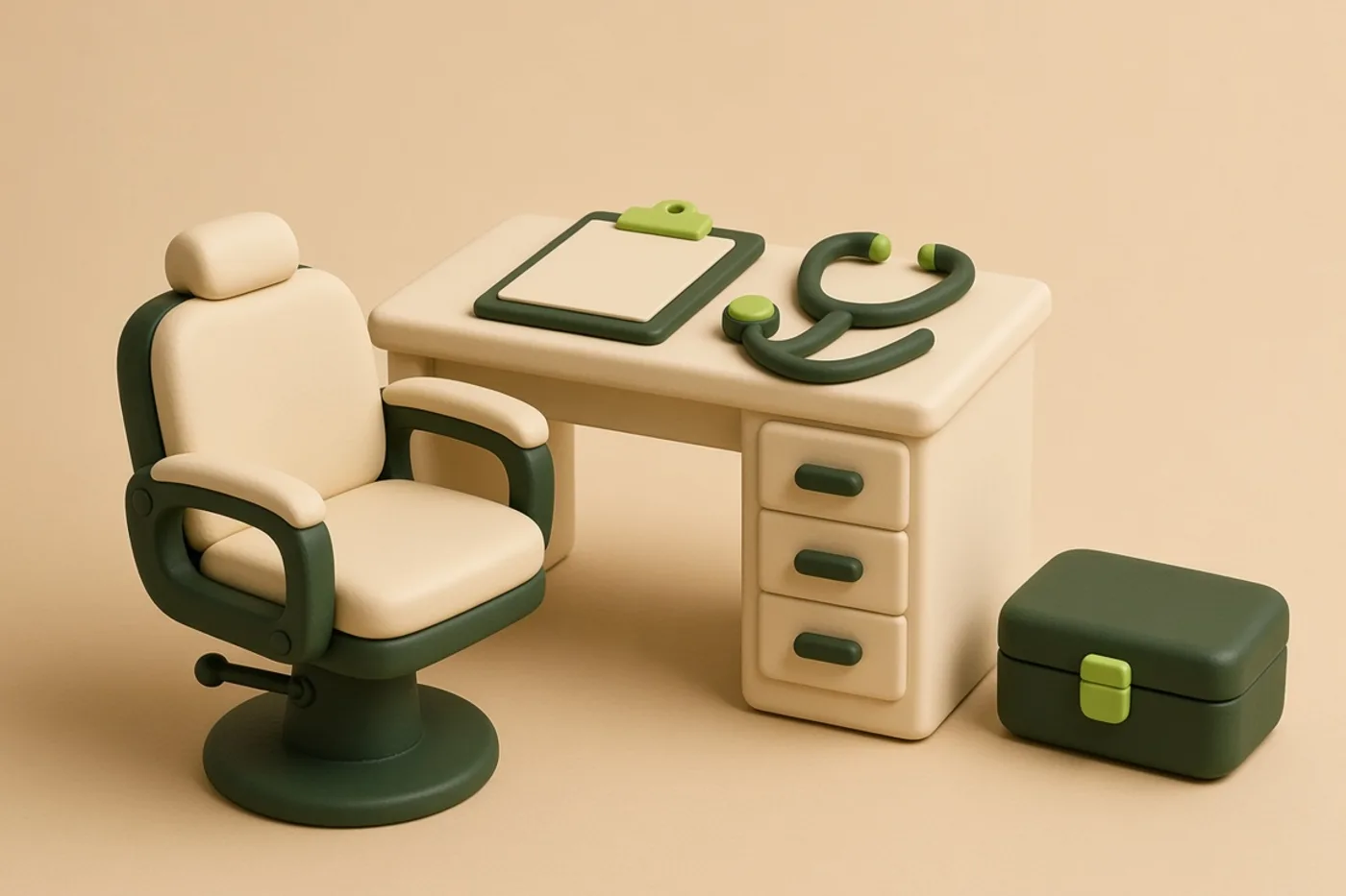 Mesa de consultório ao lado do caixa do dia e da lista de pacientes.