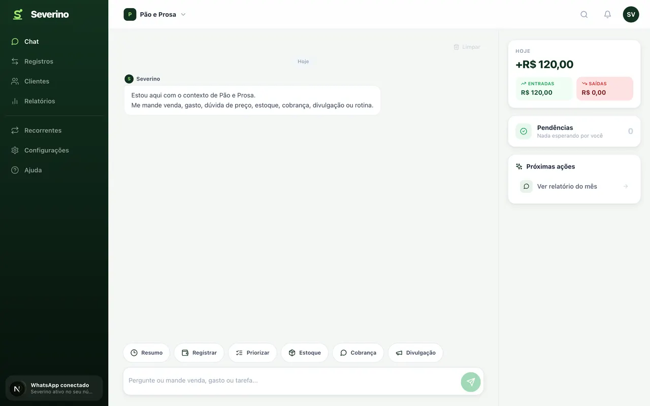 Painel do Severino aberto no chat, com o resumo do dia em entradas e saídas ao lado. Os valores são do exemplo Pão e Prosa na tela, não de uma barbearia.